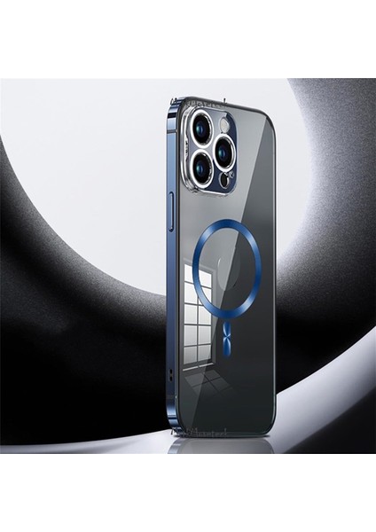 Apple Iphone 15 Pro Kılıf Kamera Lensli Korumalı Kenarları Metal Çerçeveli Bumper Kilitli Magsafe Arkası Şeffaf Kapak