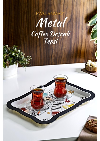 Coffee Desenli Metal Sunum Tepsisi- Çay Kahve Tepsisi