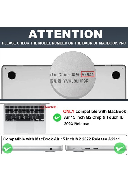 MacBook Air 15 Inç Kasa 2023 M2 Çip A2941 ile Uyumlu, Touch Id'li, Plastik Sert Kabuk Kılıf Klavye Kapağı Ekran Koruyucu 2023 MacBook Air 15 M2 Için C Tipi Adap (Yurt Dışından)
