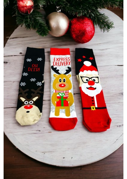 Unisex Yeni Yıl Yılbaşı Temalı 3 Çift Soket Çorap Seti