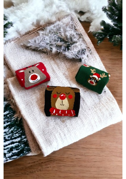 Unisex Yeni Yıl Yılbaşı Temalı 3 Çift Soket Çorap Seti