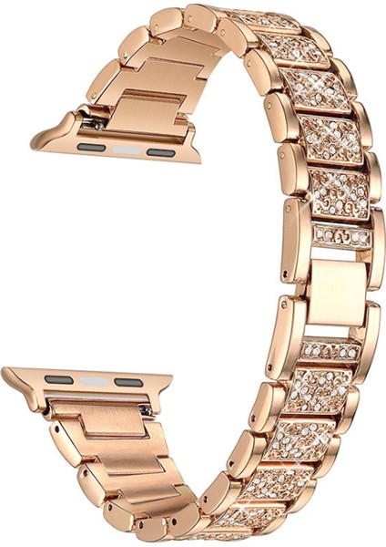 Kayış ve Apple Watch Kayışı Iwatch Serisi 7/6/5/4/3/2/1 Metal Uyumlu Üç Boncuklu Elmas Kayış ---Gül Altın (38/40/41MM) (Yurt Dışından)