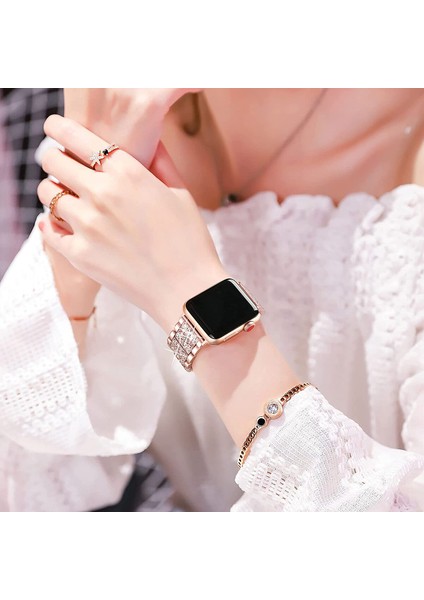 Kayış ve Apple Watch Kayışı Iwatch Serisi 7/6/5/4/3/2/1 Metal Uyumlu Üç Boncuklu Elmas Kayış ---Gül Altın (38/40/41MM) (Yurt Dışından) fırsatları