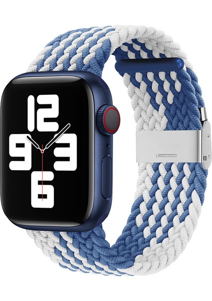 Apple Watch Bantları ile Uyumlu 42MM 44MM 45MM, Gerilebilir Örgülü Solo Döngü Elastik Kadın Erkek Yedek Spor Bileklik, Paslanmaz Çelik Tokalı Mavi Beyaz (Yurt Dışından)