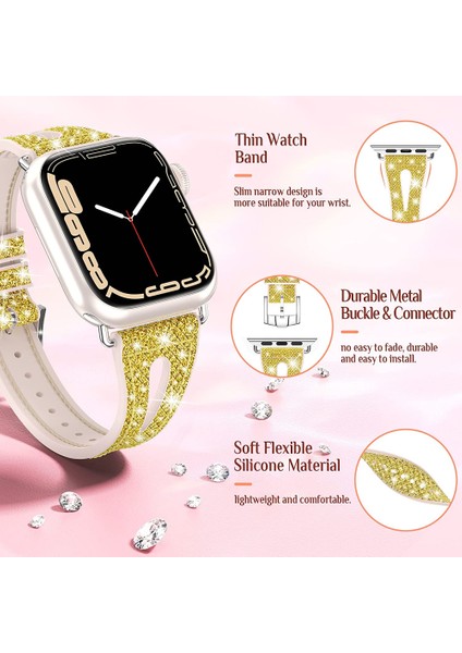 Apple Watch Bantları Için Bling Ince Bant Için 45MM 44MM 42MM Serisi 7 Se 6 5 4 3 2 1, Iwatch Tüm Serilerle Uyumlu Kadın Parıltılı Silikon Kayış Aksesuarları (45MM/44MM/42MM, Sarı) (Yurt Dışından) modelleri