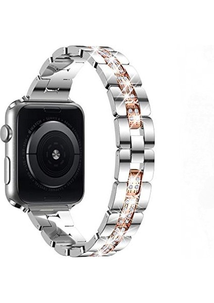 Elmas Set Metal Saat Kayışı Iwatch Se Serisi 6/5/4 Kayışla Uyumlu ---Gümüş Gül Altın (44MM) (Yurt Dışından)
