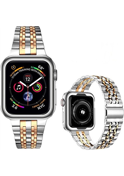Apple Watch Bandı 42MM 44MM 45MM ile Uyumlu, Iwatch Serisi Için Sağlam Paslanmaz Çelik Metal Kayış, Gümüş/pembe Altın (Yurt Dışından)