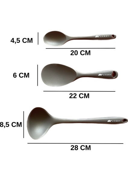 Sert Uçlu Isıya Dayanıklı Yanmaz Yapışmaz Silikon Kaşık Seti 3 Prç 22CM/20CM Kaşık 28CM Kepçe