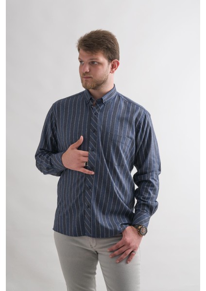 Rahat Kesim Cepli Yaka Düğmeli Çizgili Kışlık Kumaş Erkek Gömlek fiyatları