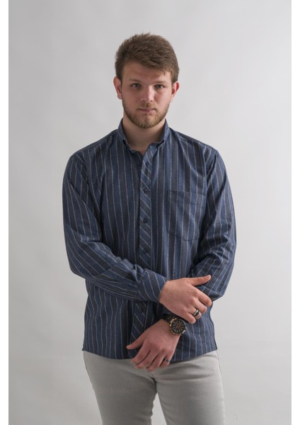 Rahat Kesim Cepli Yaka Düğmeli Çizgili Kışlık Kumaş Erkek Gömlek modelleri