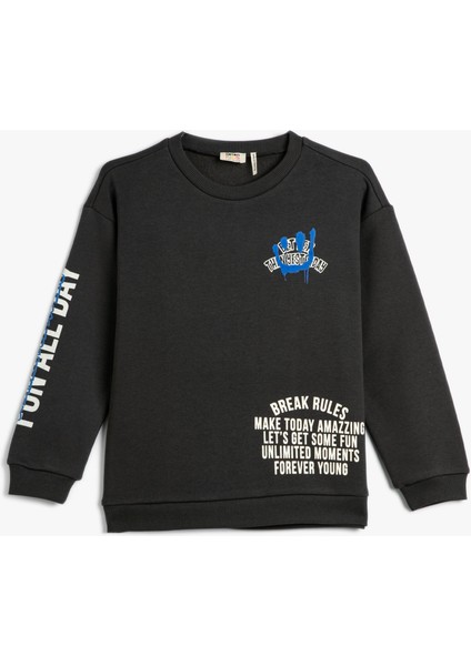 Sweatshirt Uzun Kollu Bisiklet Yaka Slogan Baskılı Şardonlu