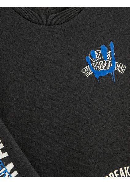 Sweatshirt Uzun Kollu Bisiklet Yaka Slogan Baskılı Şardonlu fırsatları
