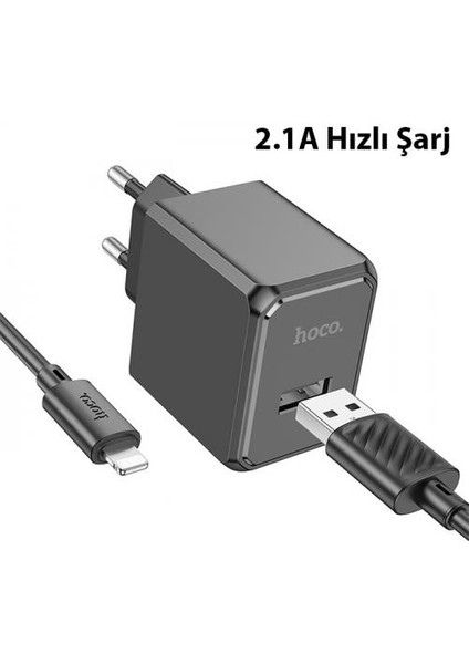 Hc Seri Şarj Akım Korumalı USB Girişli Şarj Başlığı ve 1mt Lightning Kablo Şarj Seti Iphone Ile Uyumlu