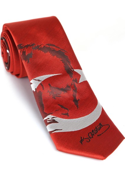 Ay-Yıldız ve Atatürk Desenli Dokuma Kırmızı Kravat - Ak-06