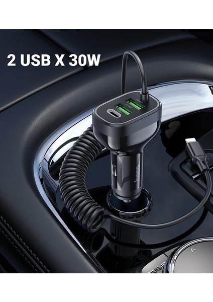 Hc Seri 150CM 30W 2x Usb,1x Type-C Girişli iPhone Lightning Kablolu Araç Çakmaklık Şarj Aleti