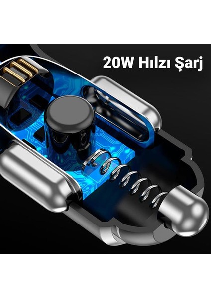 Hc Series Süper Hızlı 20W 1x Type C, 1x USB Girişli Araç Şarj Başlığı, 12/24V Tüm Çakmaklık Girişlerine Uyumlu Araç Şarjı