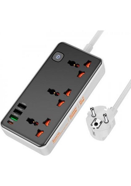 Hc Seri 1.5 Metre 2500W 3x Priz, 3x Usb, 1x Type C Çok Fonksiyonlu Şarj Aleti ve Priz Çoğaltıcı, Emniyet Butonlu, Akım ve Isı Korumalı