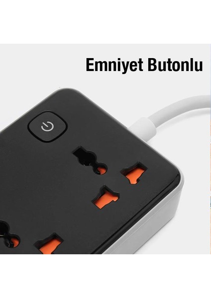 Hc Seri 1.5 Metre 2500W 3x Priz, 3x Usb, 1x Type C Çok Fonksiyonlu Şarj Aleti ve Priz Çoğaltıcı, Emniyet Butonlu, Akım ve Isı Korumalı