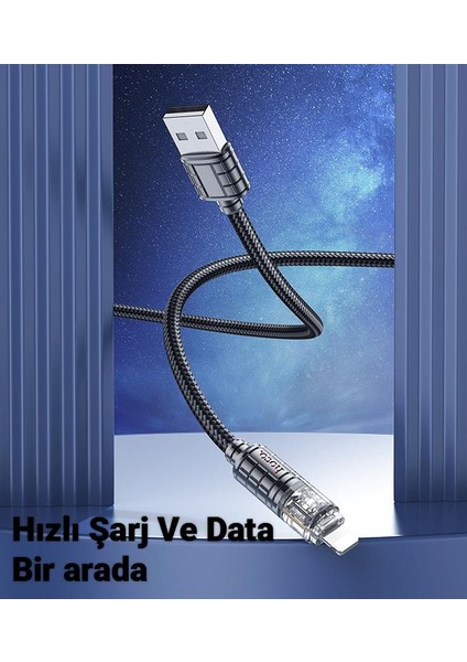 Hc Series LED Işıklı 1mt 2.4A USB To iPhone Lightning Süper Hızlı Data ve Şarj Kablosu, Akım ve Isı Korumalı Halat Kopmaz Lightning Kablo