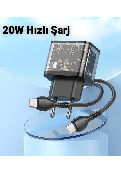 Hc Seri 20W 1x Usb,1x Type-C Şarj Başlığı ve 1mt Type C Kablolu Süper Hızlı Şarj Adaptör Seti