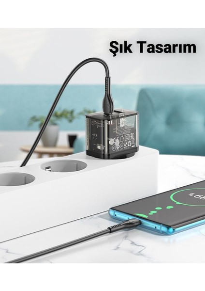Hc Seri 20W 1x Usb,1x Type-C Şarj Başlığı ve 1mt Type C Kablolu Süper Hızlı Şarj Adaptör Seti