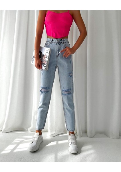 Kadın Dizi Yırtık Kar Yıkıma Mom Kot Pantolon Buz Mavi fiyatları