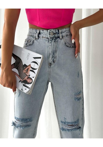 Kadın Dizi Yırtık Kar Yıkıma Mom Kot Pantolon Buz Mavi modelleri