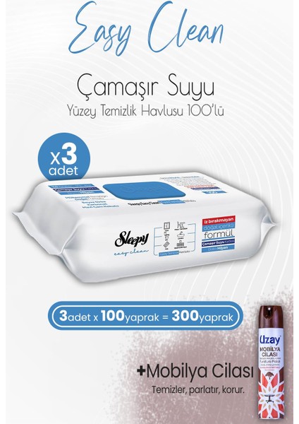 Easy Clean Yüzey Temizlik Havlusu Çamaşır Suyu Katkılı 100' Lü x 3 Adet ve Mobilya Cilası Sandalağacı