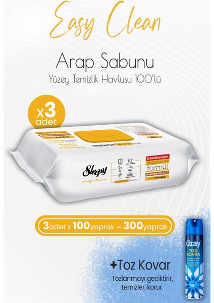 Easy Clean Arap Sabunu Katkılı Yüzey Temizlik Havlusu 100' Lü x 3 Adet ve Toz Kovar