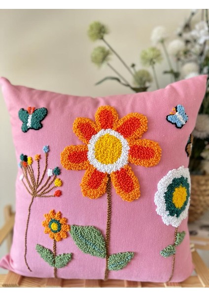 Punchhatolyesii Bahar Çicek Elişlemesi Kırlent Kılıfı Pemberenk