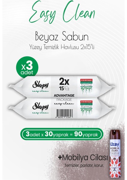 Easy Clean Yüzey Temizlik Havlusu 2X15 Yaprak (30 Yaprak) x 3 Adet ve Mobilya Cilası Sandalağacı