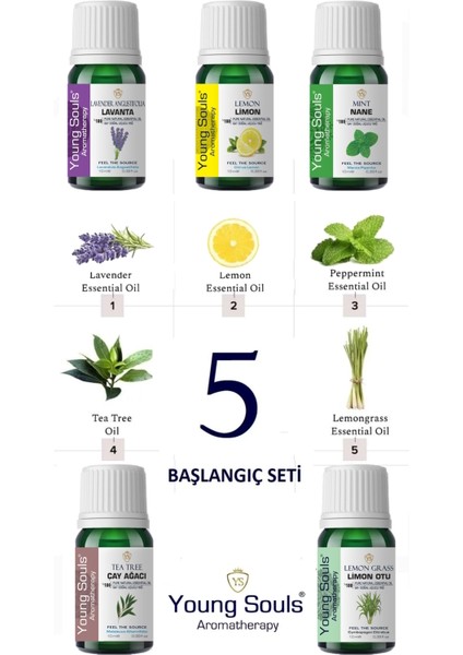 Aromatherapy Başlangıç Seti Limon, Lavanta, Nane, Çay Ağacı, Limon Otu