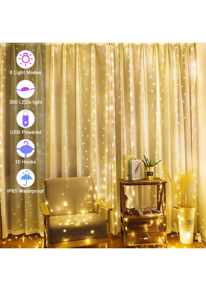 Perde Dizili Işıklar 8 Mod, 9,8 Ft × 9,8 Ft Suya Dayanıklı USB ile Güçlendirilmiş Peri Işıkları Noel, Windows, Parti Için Uzaktan Kumandalı Perde (Sıcak Beyaz 2) (Yurt Dışından)