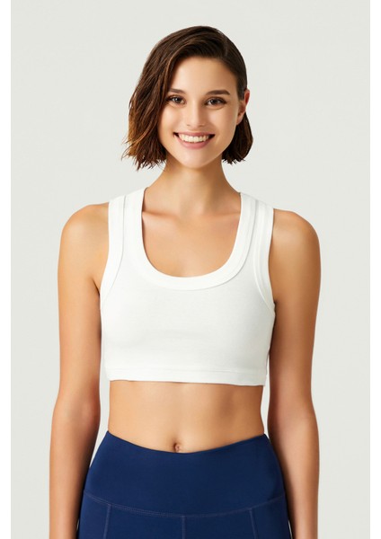 Los Ojos x Melodi Ekru Pamuklu Kalın Askılı Crop Top Tank