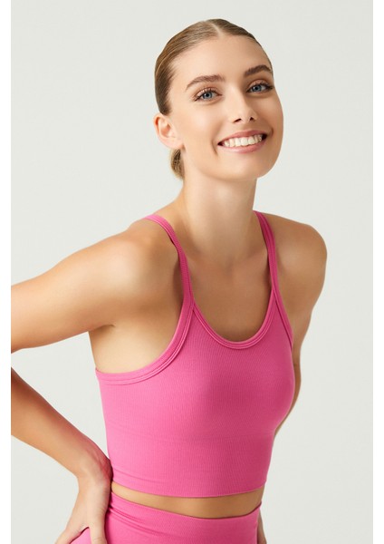 x Melodi Pembe Fitilli Seamless Spor Sütyeni Ribbed Bra Tank fırsatları