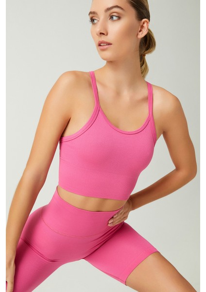 x Melodi Pembe Fitilli Seamless Spor Sütyeni Ribbed Bra Tank indirimleri