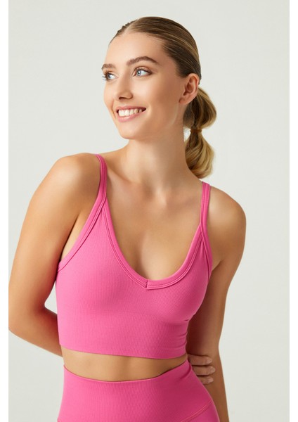 Los Ojos x Melodi Pembe Fitilli Seamless Spor Sütyeni Ribbed Bra Tank2