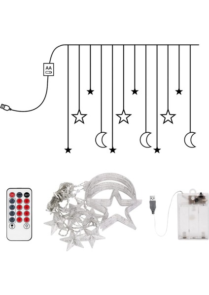 120 LED Perde Işıkları, 11.5ft Ay Yıldızlı Pencere Peri Dize Işıkları, Kapalı Çocuk Yatak Odası, Veranda, Ön Sundurma, Kamp, Misafir Odası Dekorasyonu Için USB ve Pille Ç (Yurt Dışından)