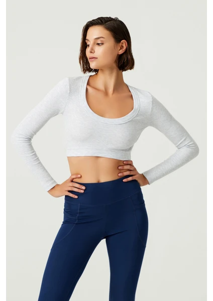 Los Ojos x Melodi Gri Pamuklu Fitilli Crop Spor Bluz Long Sleeve