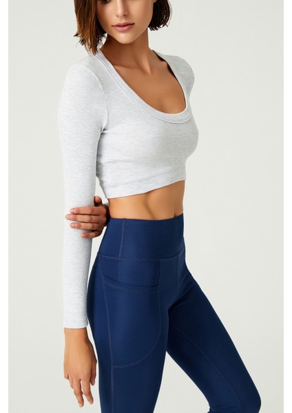 Los Ojos x Melodi Gri Pamuklu Fitilli Crop Spor Bluz Long Sleeve