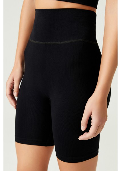 Los Ojos x Melodi Siyah Fitilli Seamless Yüksek Bel Biker Tayt Ribbed Short