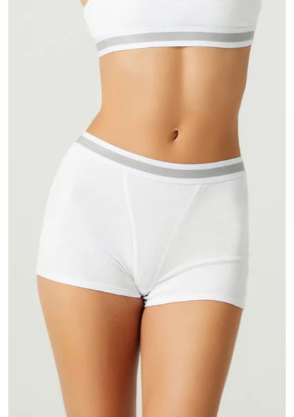 Los Ojos X Melodi Beyaz Pamuklu Fitilli Boxer Külot Waistband Boyshort