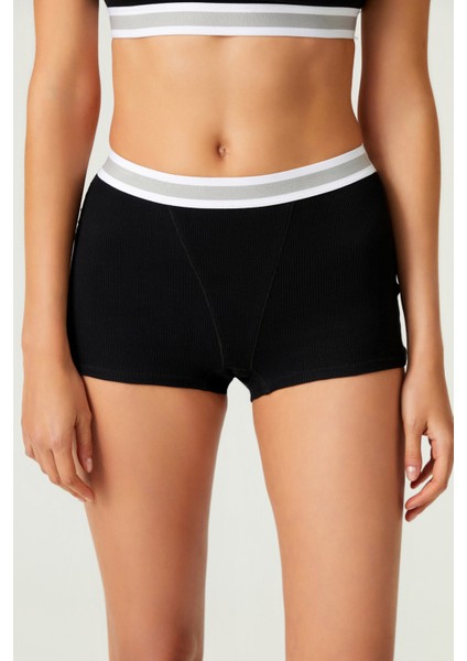 Los Ojos X Melodi Siyah Pamuklu Fitilli Boxer Külot Waistband Boyshort