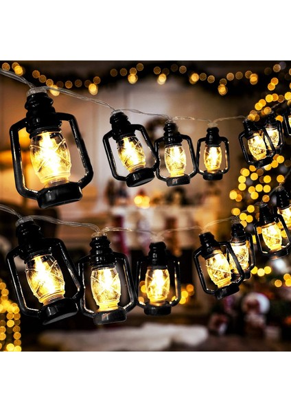 20 LED Siyah Fener Dize Işıkları Mini Gazyağı Lambası Kapalı Açık Veranda Bahçe Tatil Evi Ramazan Düğün Parti Noel Ağacı Yeni Yıl Süslemeleri (Sıcak Beyaz Işık) (Yurt Dışından)