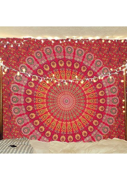 Hippi Bohem Psychedelic Altın Mavi Tavuskuşu Mandala Duvar Asılı Yatak Goblen (Altın Kırmızı, Boyut: 70,9" x 90,6") (Yurt Dışından)