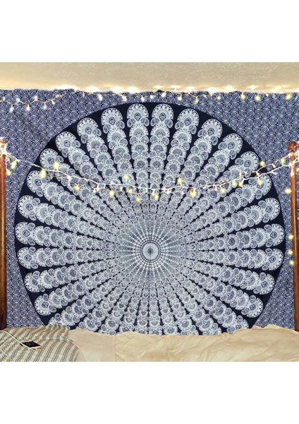 Hippi Bohem Psychedelic Altın Mavi Tavuskuşu Mandala Duvar Asılı Yatak Goblen (Siyah Beyaz, Boyut: 70.9" x 90.6") (Yurt Dışından)