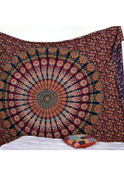 Hippi Bohem Psychedelic Altın Mavi Tavuskuşu Mandala Duvar Asılı Yatak Goblen (Altın Kırmızı Yeşil, Boyut: 70,9" x 90,6") (Yurt Dışından)
