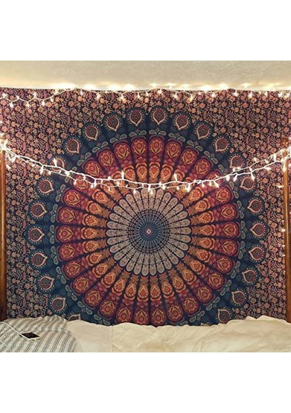 Hippi Bohem Psychedelic Altın Mavi Tavuskuşu Mandala Duvar Asılı Yatak Goblen (Altın Mavi, Boyut: 70,9" x 90,6") (Yurt Dışından)