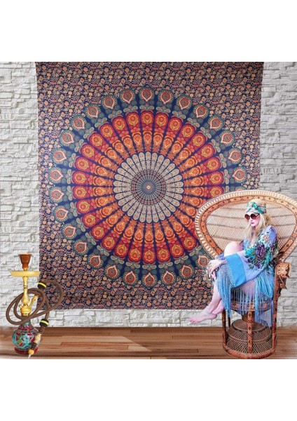 Hippi Bohem Psychedelic Altın Mavi Tavuskuşu Mandala Duvar Asılı Yatak Goblen (Altın Mavi, Boyut: 70,9" x 90,6") (Yurt Dışından)