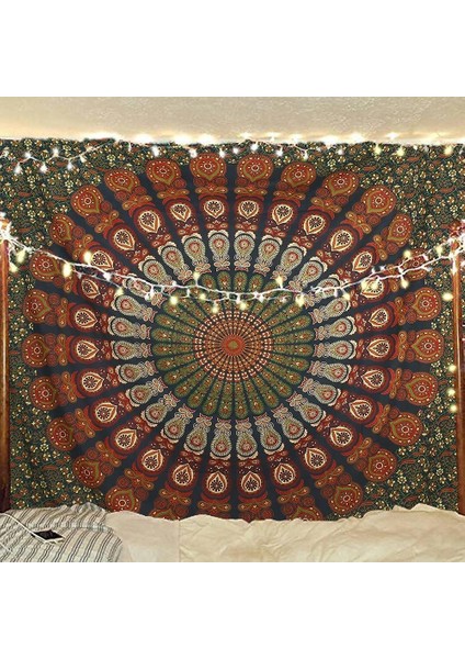 Hippi Bohem Psychedelic Altın Mavi Tavuskuşu Mandala Duvar Asılı Yatak Goblen (Altın Yeşil, Boyut: 51,2" x 59,1") (Yurt Dışından)